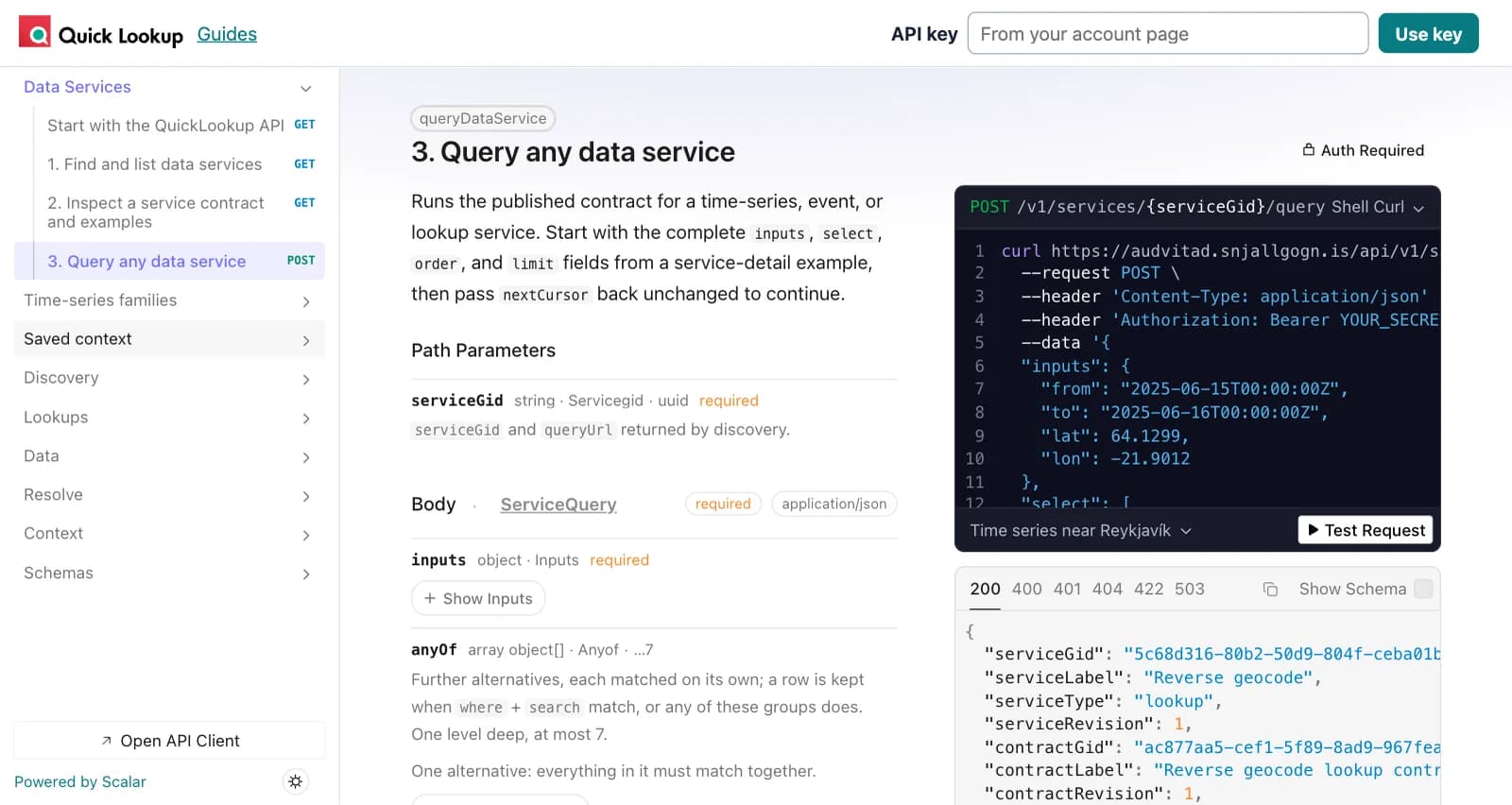 The API reference: “Query any data service”, with a curl example and an answer